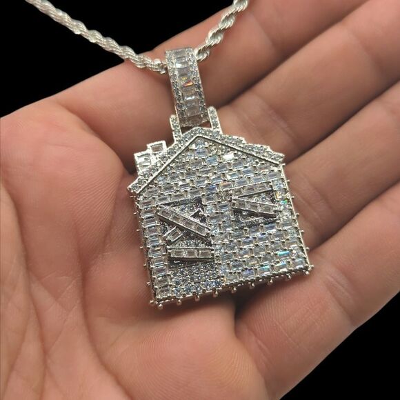 14K White Gold Finish Baguette CZ Trap House - Free 24" x 3mm Rope Chain. - Picture 8 of 9